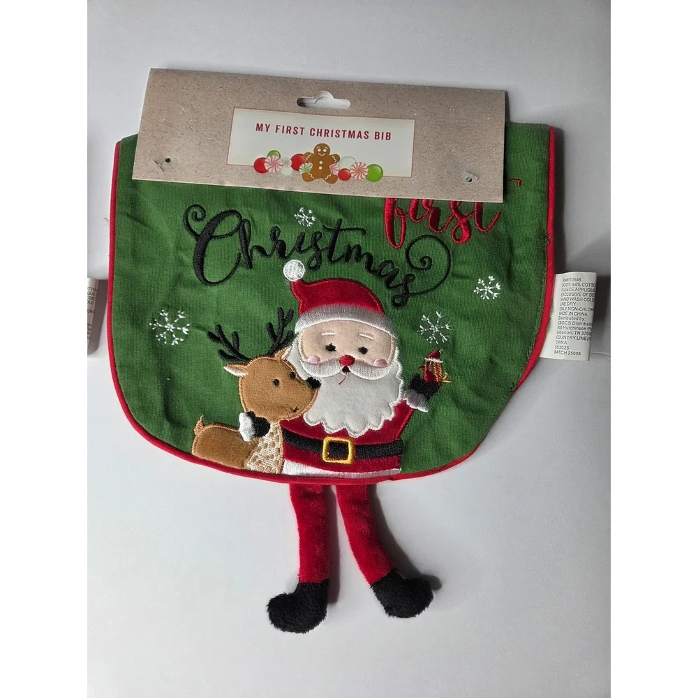 Set of 2 My First Christmas Bibs Santa Reindeer 3D Plush Legs Green Red New